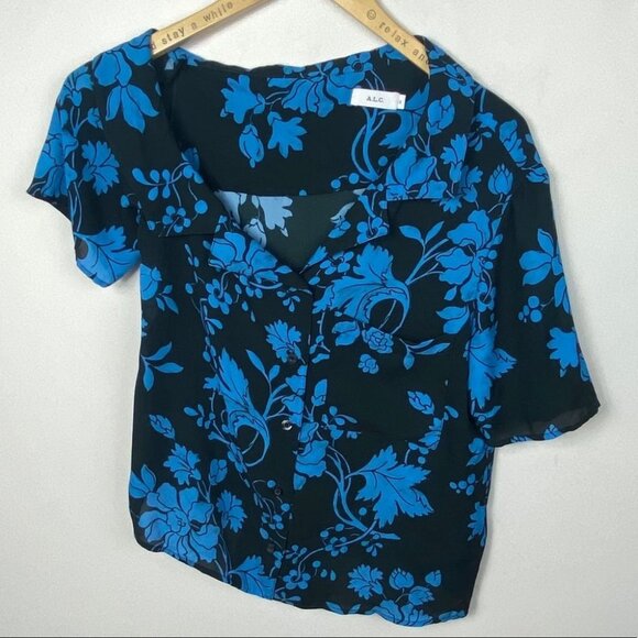 ALC 100% Silk Josephine Blue Floral Print Short Sleeve Top Size 2 Off Shoulder - Picture 10 of 10